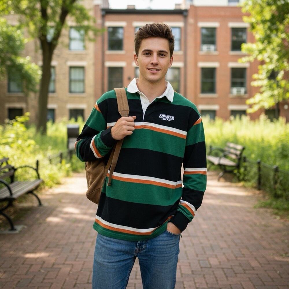 Stranger Things Rugby Shirt H&M Relaxed Fit Long Sleeve Green Black Small